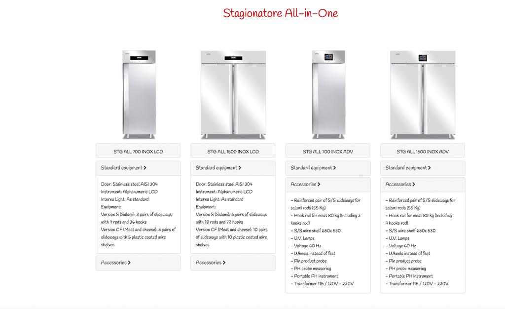 Stagionatore All-in-one INOX STG ALL 700 INOX LCD STG ALL 1500 INOX LCD STG ALL 700 INOX ADV STG ALL 1500 INOX ADV Standard equipment Standard equipment Standard equipment Standard equipment Door: