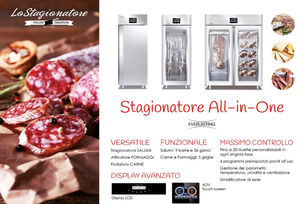 LoStagionatore All-in-one VERSATILE FUNCTIONAL MAXIMUM CONTROL SALAMI Seasoning CHEESE Ripening MEAT Aging Salami: 9 rods and 36 hooks Meat and Cheese: 5 plastic coated wire shelves Up to 20