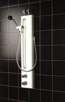 HORNE TSV1 SHOWER PANEL WITH FLEXIBLE HOSE AND SLIDE BAR AND THREE FUNCTION SHOWER HEAD Includes integral HORNE TSV1 thermostatic shower valve pre-plumbed within a white (RAL 9010) epoxy coated