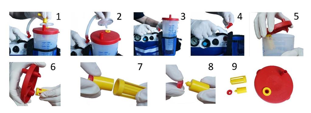 1. Remove the patient tubing together with yellow elbow connector. If the tube is equipped with a Yankauer suction tip, it must be disposed of together with the curved tip (disposable devices).