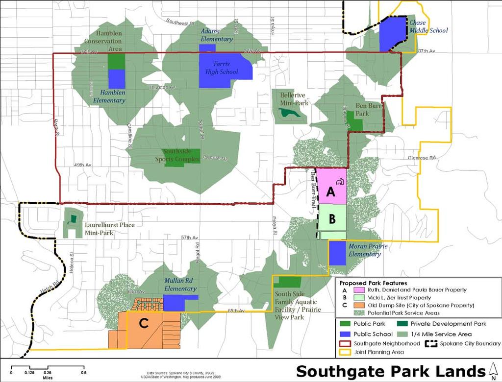 Figure 35 - Southgate Park System and Proposed Features Source: City of Spokane GIS Data and Spokane County Parcel Data X. Implementation Strategy A. Overall Project Priority 1.