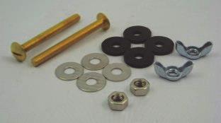 2 BRASS BOLTS, 2 ACORN NUTS, 2 STAINLESS STEEL WASHERS AND 2 BRASS