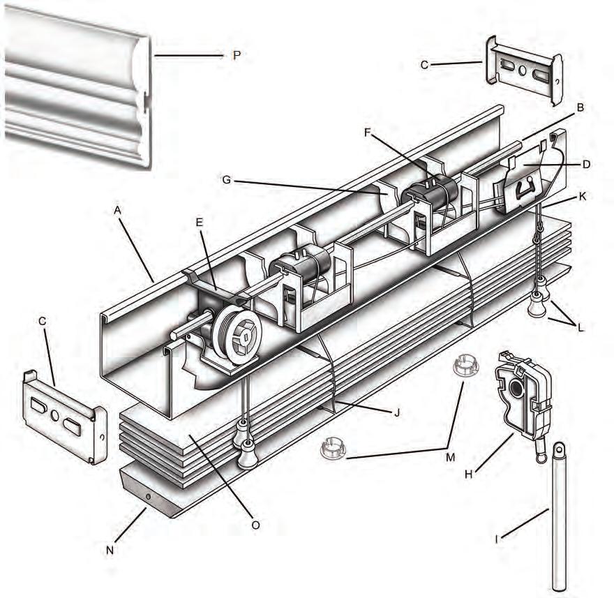 Custom-Made 2 & 2 1/2 Fauxwood or Basswood & 2 PVC Solid Curved Blinds Parts: A) Low Profile Headrail Steel B) Pinion Rod (Tilt Rod) Hexagonal C) End Stiffeners D) Cord Lock E) Cord Tilter F) Tape