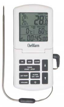 The ChefAlarm is a professional cooking thermometer and count up/down timer which simultaneously displays the count up/down time, current temperature, high/low alarms and max/min temperatures.