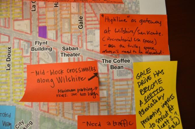 General Comments Participants were invited to draw on a map of the City with their comments and ideas (the following is a summary): Mid block crosswalks along Wilshire (near Saban/Coffee Bean)