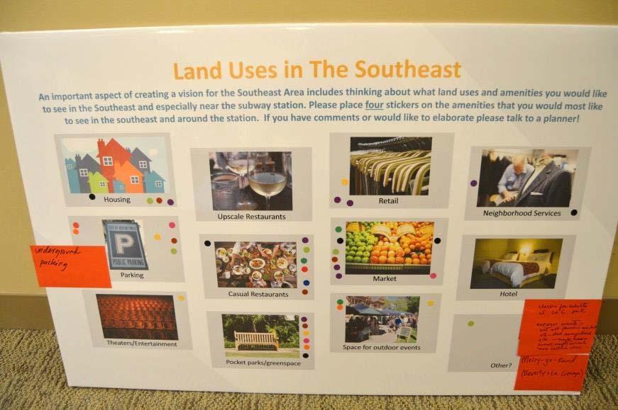 Land use Participants were asked what land uses they would like to see in the Southeast Comments: Underground parking Classes for adults at La Cienega Park