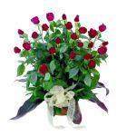 3 Mixed Rose Bouquet Round bouquet medium stemmed roses, white, red and La Minuet (hot pink/white