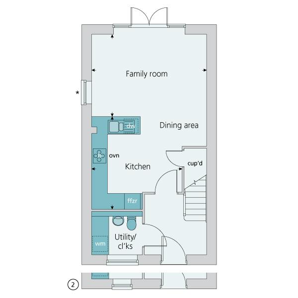 The Horton 3 bedroom terrace home Fitted kitchen with integrated appliances Stylish downlighters to kitchen and main en suite Cloakroom/utility French doors to garden Open plan kitchen/dining area
