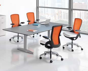 Table features a Pop-up Port power supply. Ceres Work Chairs shown in Brisa White with Tangerine ilira -stretch M4 mesh backs.