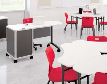 Teacher Station shown in Silver Mesh laminate with Charcoal surface and Platinum frame. Adjustable Height Student Desks with hard plastic tops shown in White with Charcoal legs.
