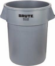 Waste Containers Round Brute Containers, Tops & Dollies Extra strong polyethylene construction withstands bumps and kicks; will not rust, chip or peel Nest for easy storage and cleans easily due to