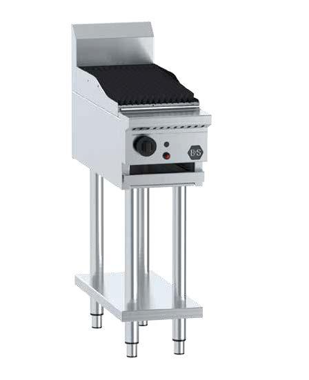 B+S European Range Char Broilers The B+S Black series Char Broiler is mounted on an open stand with an under shelf ideal for storing cooking utensils.