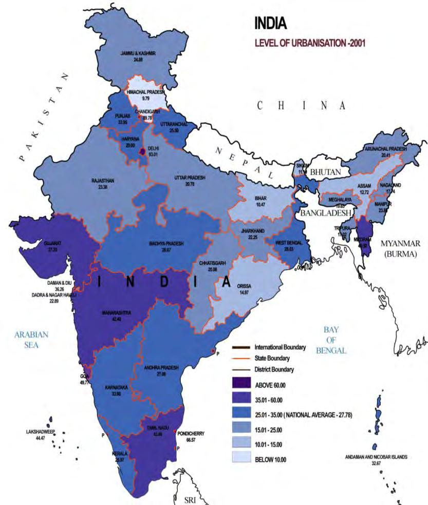 STATE WISE LEVEL OF URBANISATION Country/State LoU (%) 1991 2001 INDIA 25.72 27.78 CITY STATES Delhi 89.93 93.01 Chandigarh 89.69 89.78 SMALLER STATES Pondicherry 64.05 66.57 Goa 41.02 49.