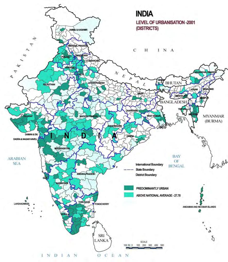 URBANISING DISTRICTS Out of 593 districts : 171 districts above national average of which 58 are predominantly urban & 9 are fully urbanised (Chennai, Hyderabad, Kolkata, Mumbai, Mumbai-suburban, New