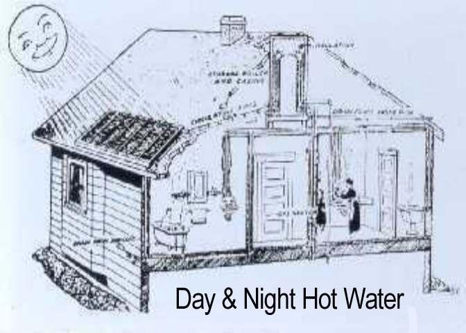 Day and Night Hot Water: To improve on Kemps design William J. Bailey decided to separate storage tanks from collectors.