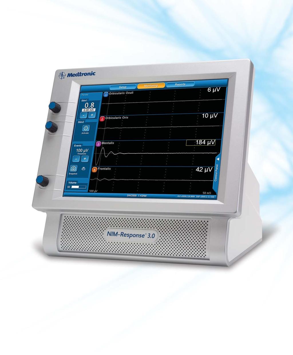 Nerve Integrity Monitoring System Three User Environments Setup, Monitoring, Reports Intuitive Navigation Bar Always at top of screen Side tabs access other settings Better, Faster Touchscreen
