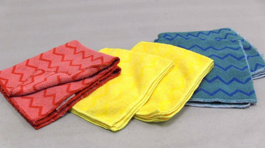 Towels Microfiber towels are available in multiple colors to ensure that no cross contamination happens between fixtures. Use towels on toilets, urinals, and stall partitions.