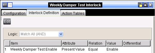 The Weekly Damper Test Interlock Definition (Figure 13) has a binary point named Weekly Damper Test Enable that enables the weekly testing process when the schedule
