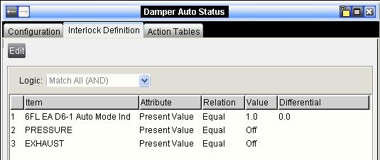 The Damper Auto Status Interlock Definition screen is shown in Figure 19.