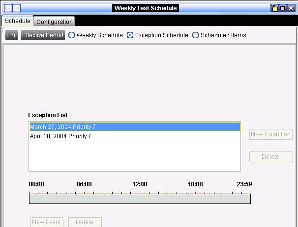 The Weekly Test Schedule Exception Schedule (Figure 26) lists any exceptions to the weekly schedule.