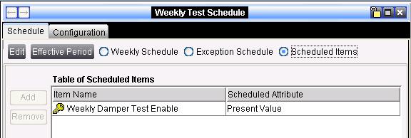 Figure 26: Exception Schedule Screen The Weekly Test Schedule Exception Schedule Scheduled Items shows a list of all scheduled weekly tests.