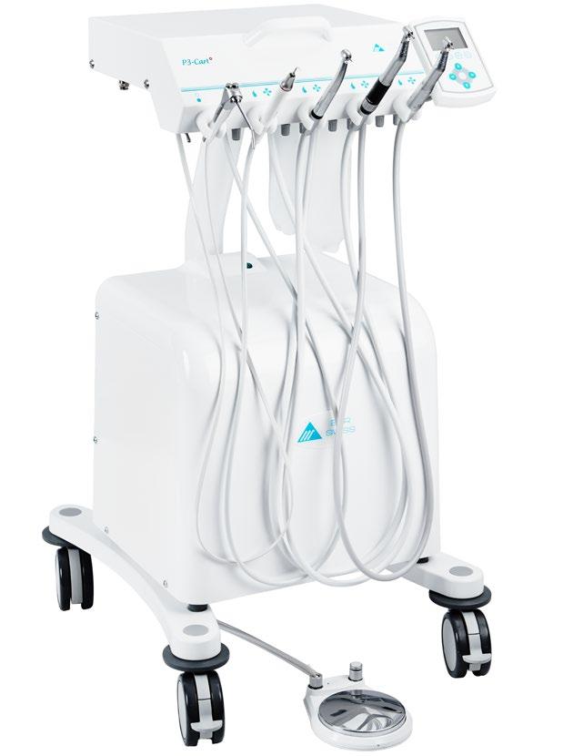 P3-CART Autonomously functioning cart with integrated silent oil-free compressor, aspirator, and spray water tanks High quality stainless steel housing 1 Three-way syringe (air/water/spray) with