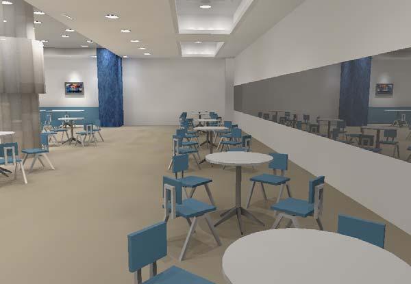 Figure 2.6: Middle section of the cafeteria. The metal fabric ceiling is used as the recurring theme and helps create a sense of continuity within the space.