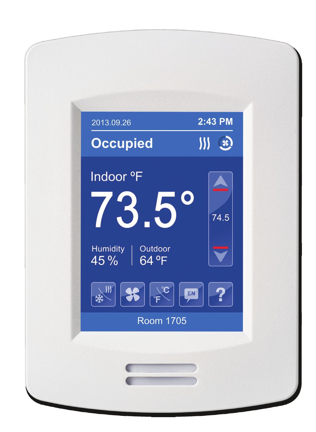 HOME SCREEN DISPLAY Hospitality User Interface Shown Date Occupancy Status Indoor Temperature Time System Status Fan Status Up Arrow Increase Temperature Setpoint Actual Setpoint Indoor Humidity
