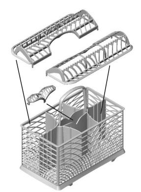 The cutlery should be arranged in an orderly manner inside the basket, with the handles pointing downwards. Take care during loading to avoid injury from the knife blades.