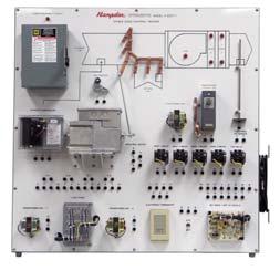 Standard commercial components are wired into an operating electrical control system, while the compressor is simulated with pilot lights and sound.