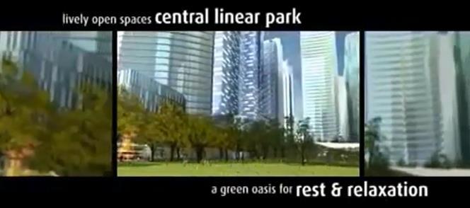 flanked by 2 green parks Central Linear Park lively open spaces for rest