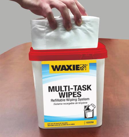 WAXIE Multi-Task Wipes System STANDARD OPERATING PROCEDURES TO BE USED WITH ANY TYPE OF SANITIZING SOLUTION Remove plastic bag from roll.