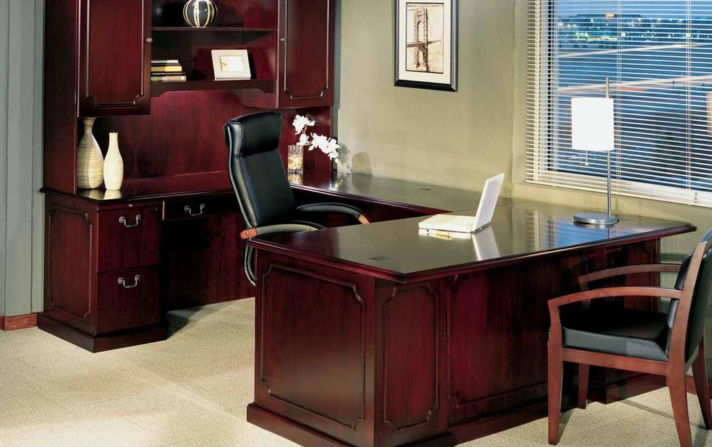ALL DESKING SURFACES FEATURE HARDWOOD INLAYS, CROSS-GRAIN BORDERS, MITERED CORNERS, AND CABLE PASS-THROUGHS. EXECUTIVE OFFICE New standards have been set for traditional casegoods.