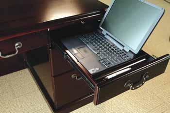PENCIL DRAWERS IN DESK PEDESTALS DOUBLE AS LAPTOP DRAWERS WITH FULL EXTENSION SLIDES AND CABLE MANAGEMENT.