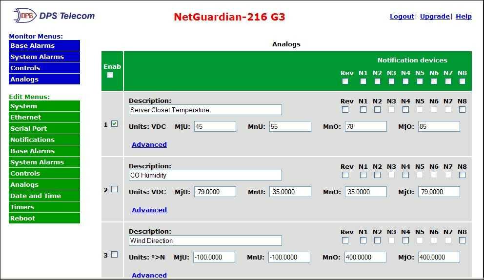 . Login to the NetGuardian web browser and click the Edit > Analogs menu. Click the Enable checkbox next to the analog number to turn the analog alarm ON. Fig. 0.9 2.