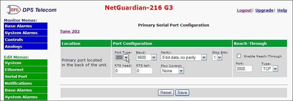 45.3 Serial Ports The Edit > Serial Port menu allows you to change settings depending on the port type of your NetGuardian.