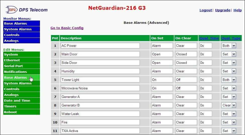 52.5.2 Advanced Configuration Fig..3 - The Advanced Base Alarms Config screen Pnt (Point) Description On Set On Clear Qual. Time (Qualification Time) Qual.