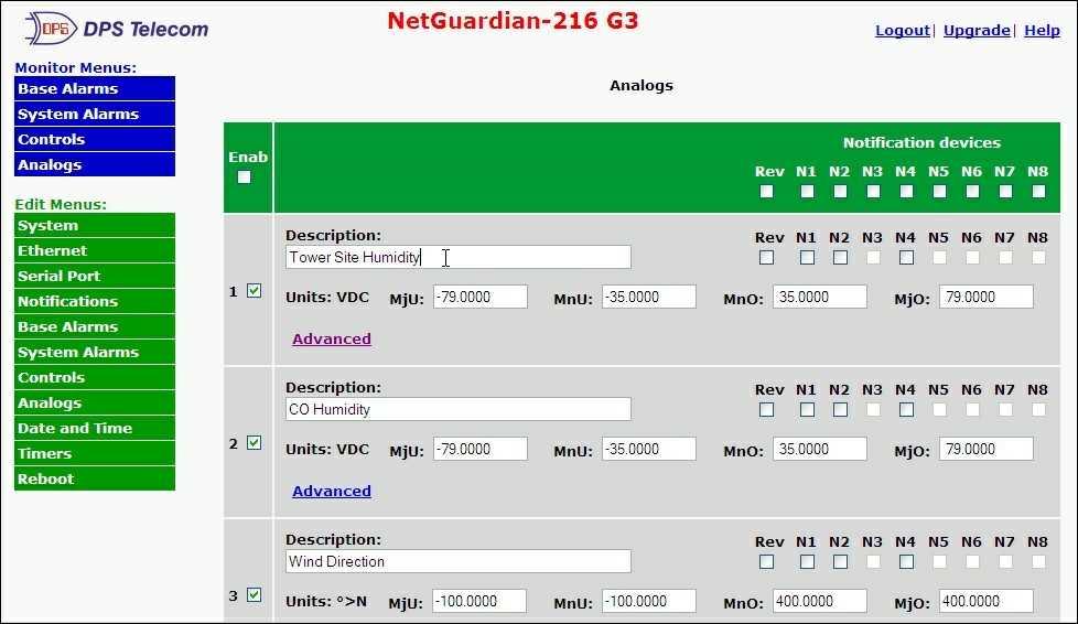 55.8. Basic Configuration Basic configuration for the NetGuardian 26 G3's analog channels can be accomplished from the Edit > Analogs menu.