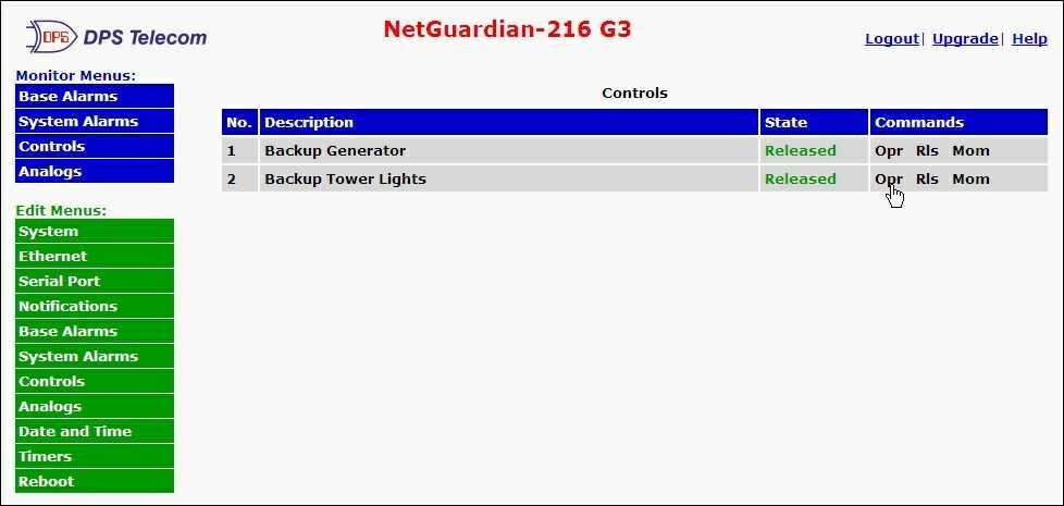 60 2.3 Operating Controls Use the following rules to operate the NetGuardian 26 G3's control:. Select Controls from the Monitor menu. 2. Under the State field, you can see the current condition of the control.