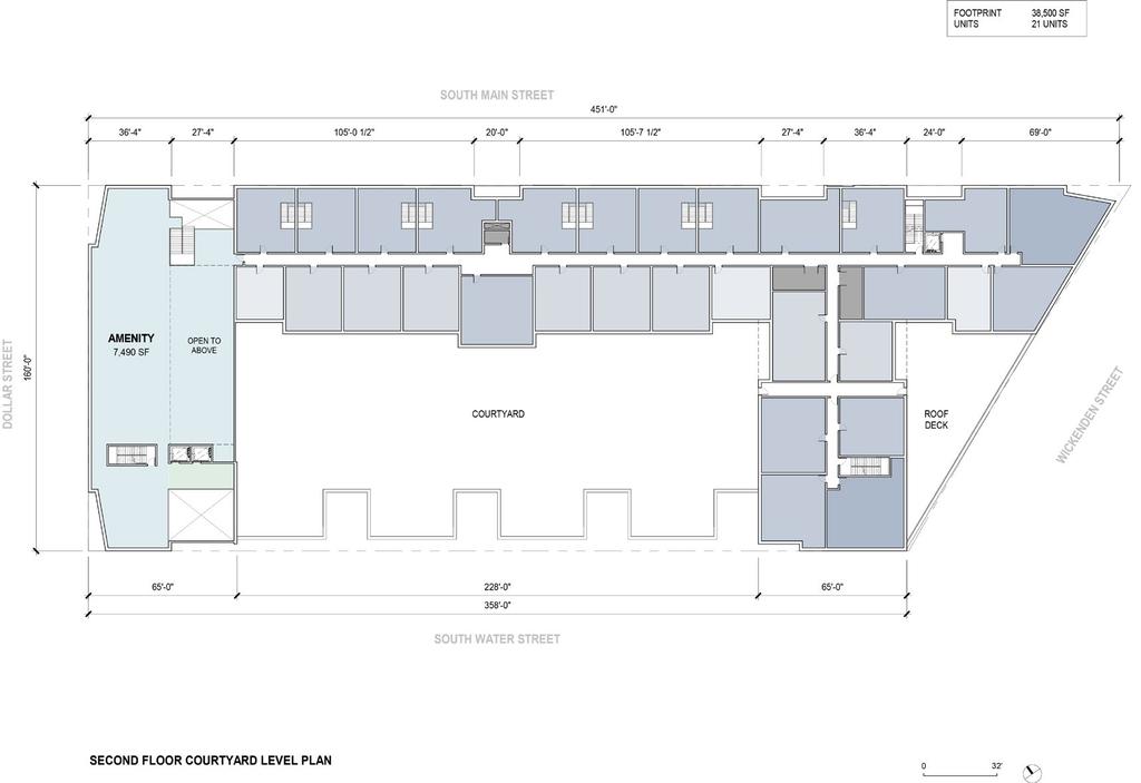 The floor plan frames the Courtyard with the building amenity space connecting directly to South Main and South Water Street lobbies/entries.