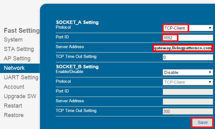 8, Click Network, select the protocol and set the Port ID number and Server Address as required then click Save. Below example is for the linking to Livingpattern cloud services.