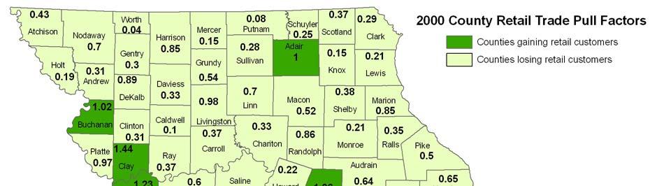Retail Trade 2000 2004 Retail Trade Pull Factor across Missouri, 2000 The 2000 county retail trade pull factor map shows 14 counties in Missouri gained retail customers or spent more than