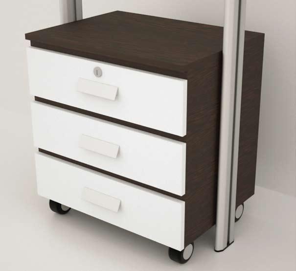 A 3- tier cabinet with fully extensible air brake slides, equipped with designer wheels for smoother movements.