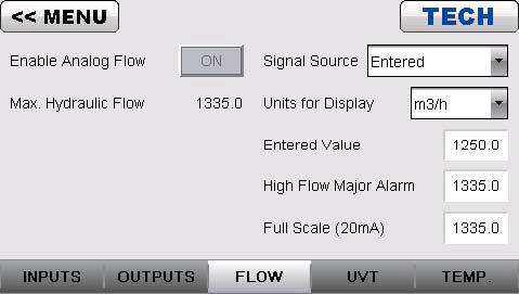 8.8.7 Analog Flow Screen Operation from the CPP The Analog Flow screen allows users with Technician access to customize the Flow signal used for pacing and control of the UV system.