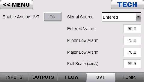 Operation from the CPP 8.8.8 Analog UVT Screen The Analog UVT screen allows users with Technician access to customize the UV Transmittance signal used for pacing and control of the UV system.