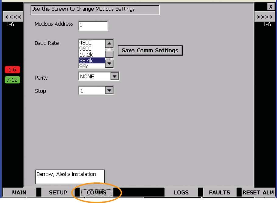 Communications All changes to the MODBUS settings are achieved via the COMMS Screen. See Figure 10.