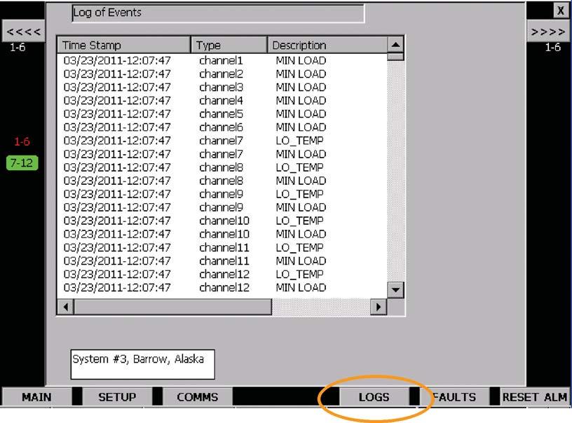 Event Log The purpose of Event Log is to record every alarm condition with a date and time stamp. This log may be viewed via the LOGS button at the bottom of any screen. See Figure 11.