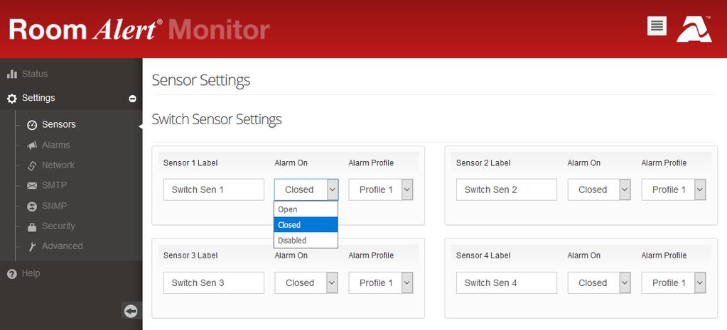 Configure Your Switch Sensor Configure Your Switch Sensor Use Room Alert Monitor s Built-In Web Interface Navigate to Settings Sensors in your Room Alert Monitor s web interface.