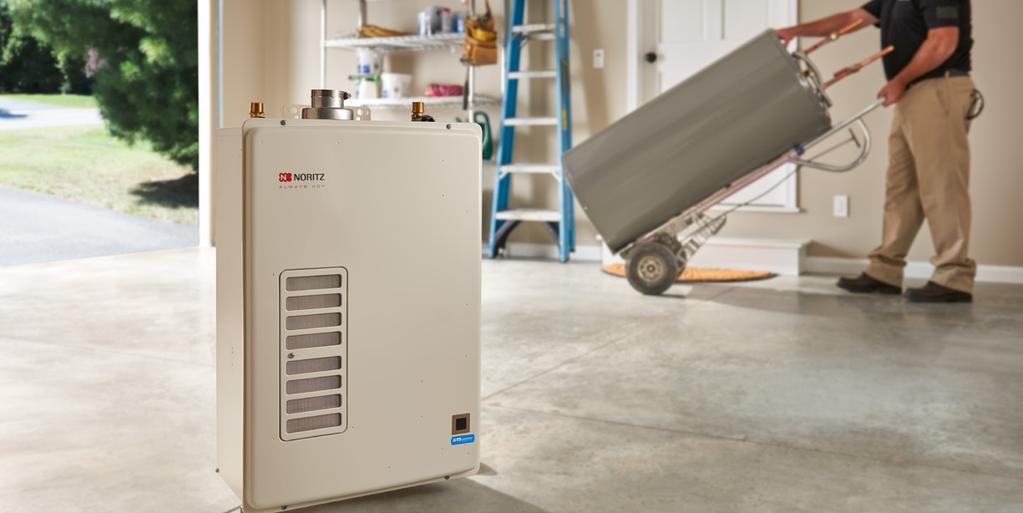 » NO NEED TO CREATE NEW HOT- AND COLD- WATER PIPELINES: Top-mounted water connections allow the flexible hot-and-cold-water lines used by the old tank water heater to be