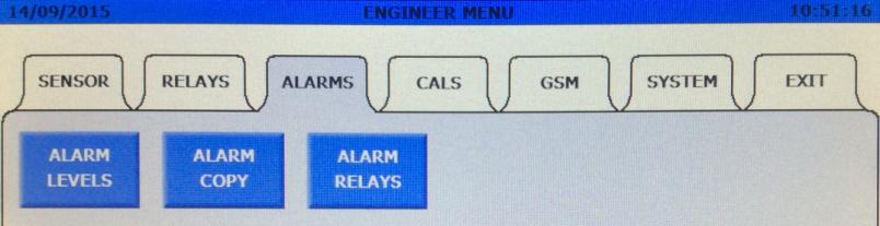 Set the alarm levels for AL1, AL2, AL3 Set alarm levels to default values Set the alarm action for AL1, AL2, AL3 Options are: Rising Rising Latching